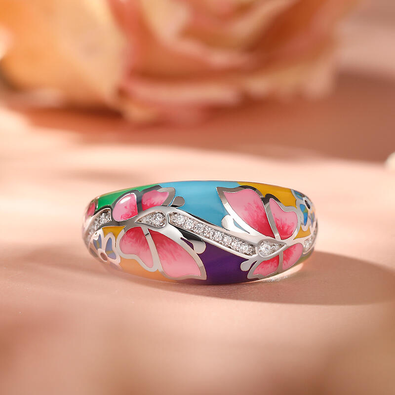Jeulia Anillo de mariposa y flor esmalte de plata esterlina de las mujeres