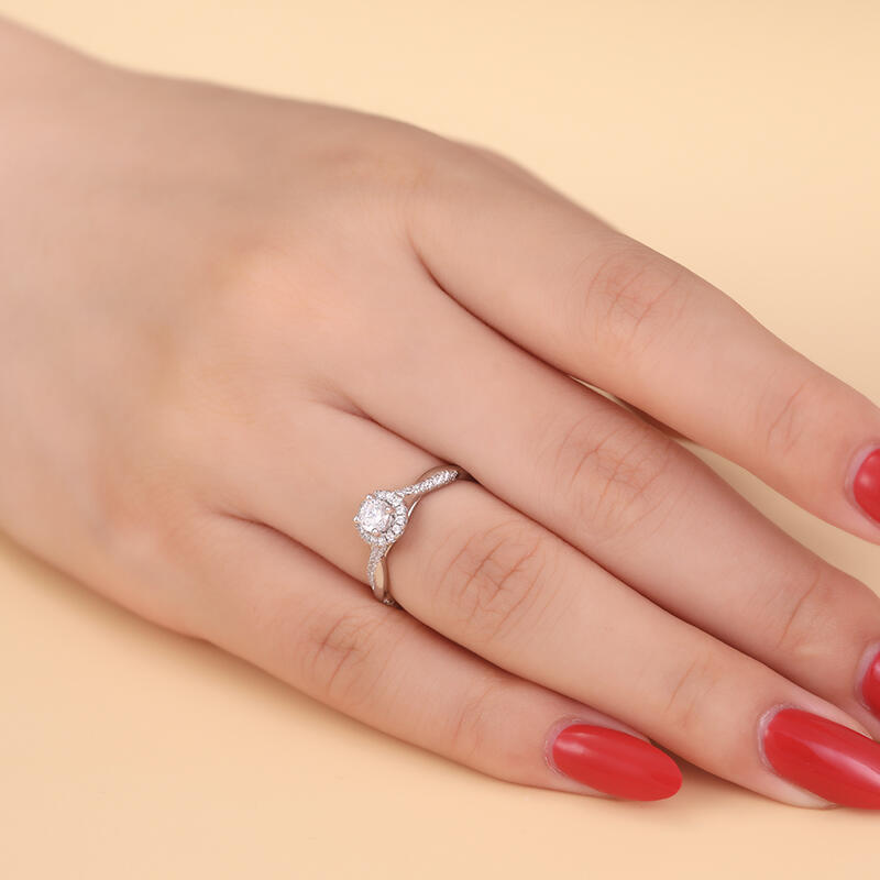 Jeulia Anillo de Compromiso Redondo Halo Plata Esterlina Diseño Torcido