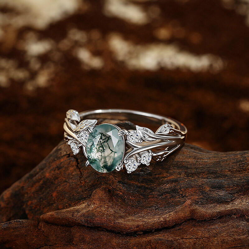 Jeulia Blumen Blatt Oval Moosachat Verlobungsring