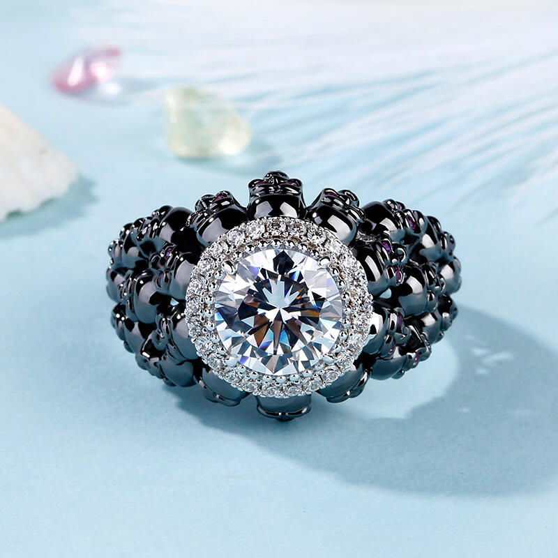 Jeulia Anillo De Calavera De Plata Esterlina Con Talla Redonda De Dos Tonos Con Halo