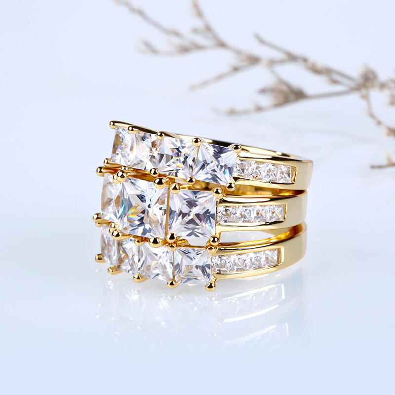 Jeulia Gold Tone Princess Cut Sterling Silver Ring Set