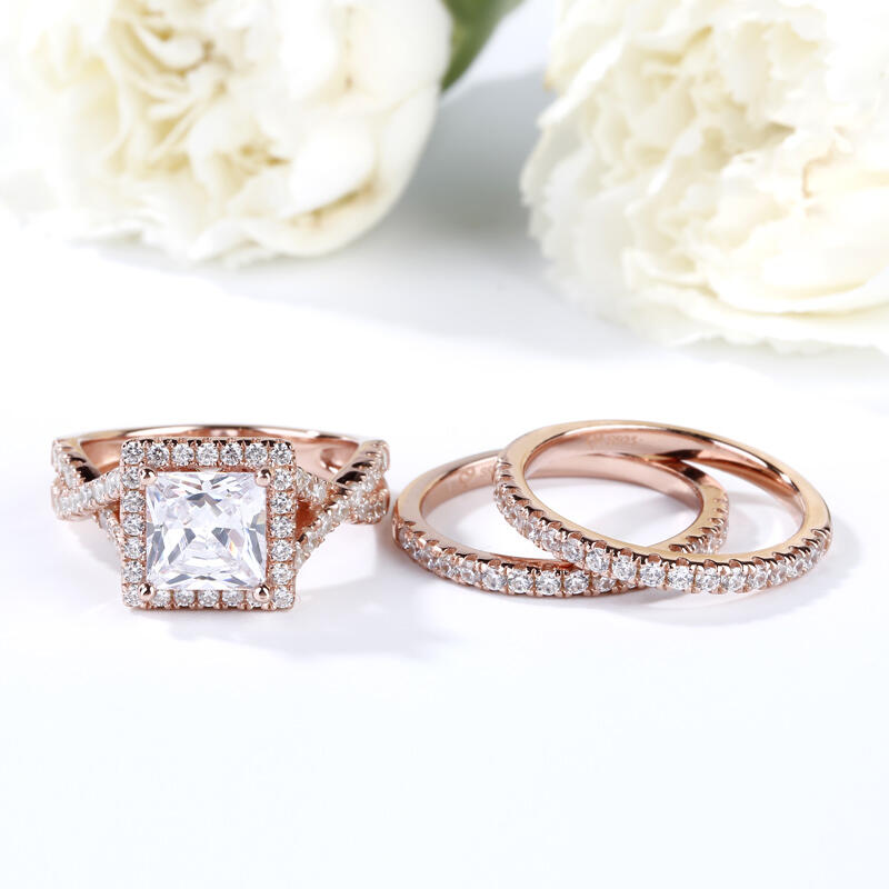 Jeulia 3PC Halo Princess Cut Sterling Silver Ring Set