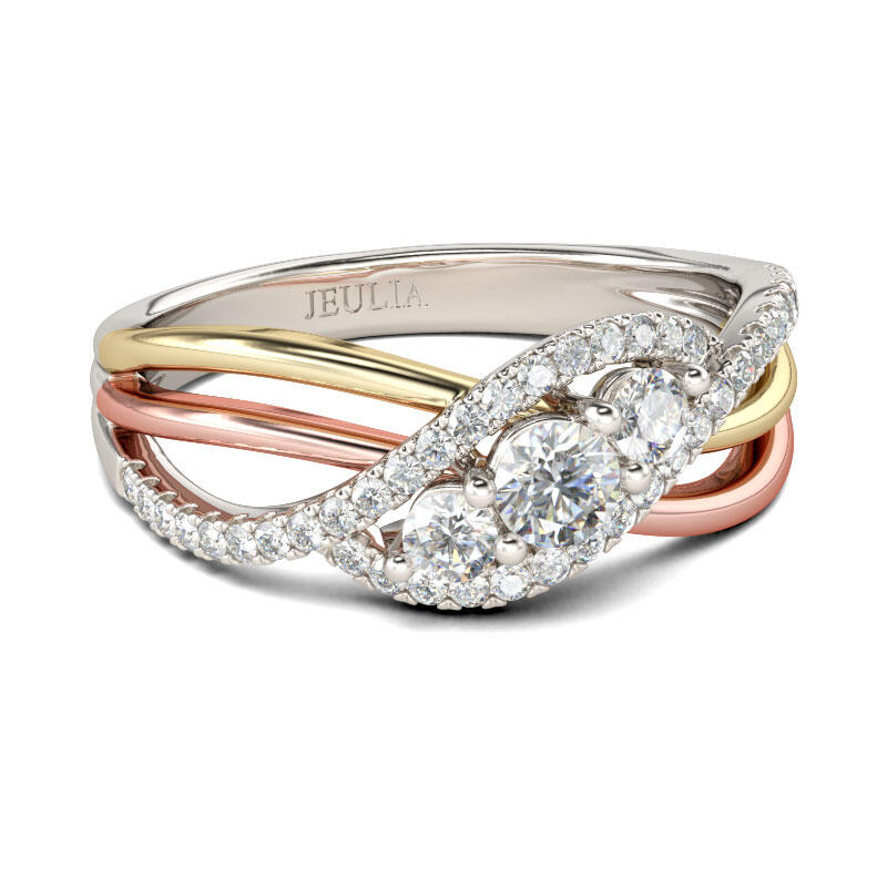 Jeulia Interwoven Three Stone Round Cut Sterling Silver Ring