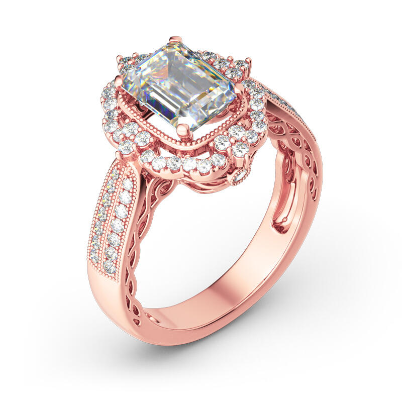 Jeulia Vintage Halo Emerald Cut Sterling Silver Ring