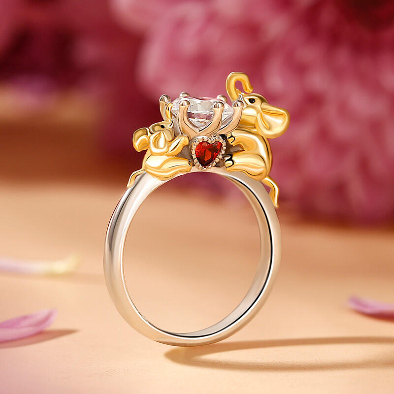 Jeulia Hug Me "Mother & Baby" Elephant Round Cut Sterling Silver Ring