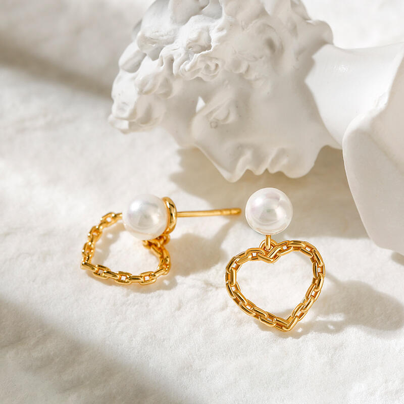 Jeulia "Sweet Chain Heart" Cultured Pearl Sterling Silver Drop Earrings