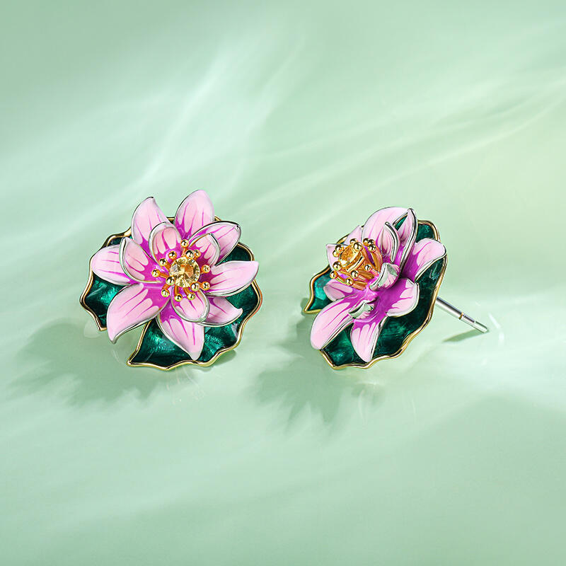 Jeulia "Lotus Flowering" Water Lilies Inspired Enamel Sterling Silver Earrings