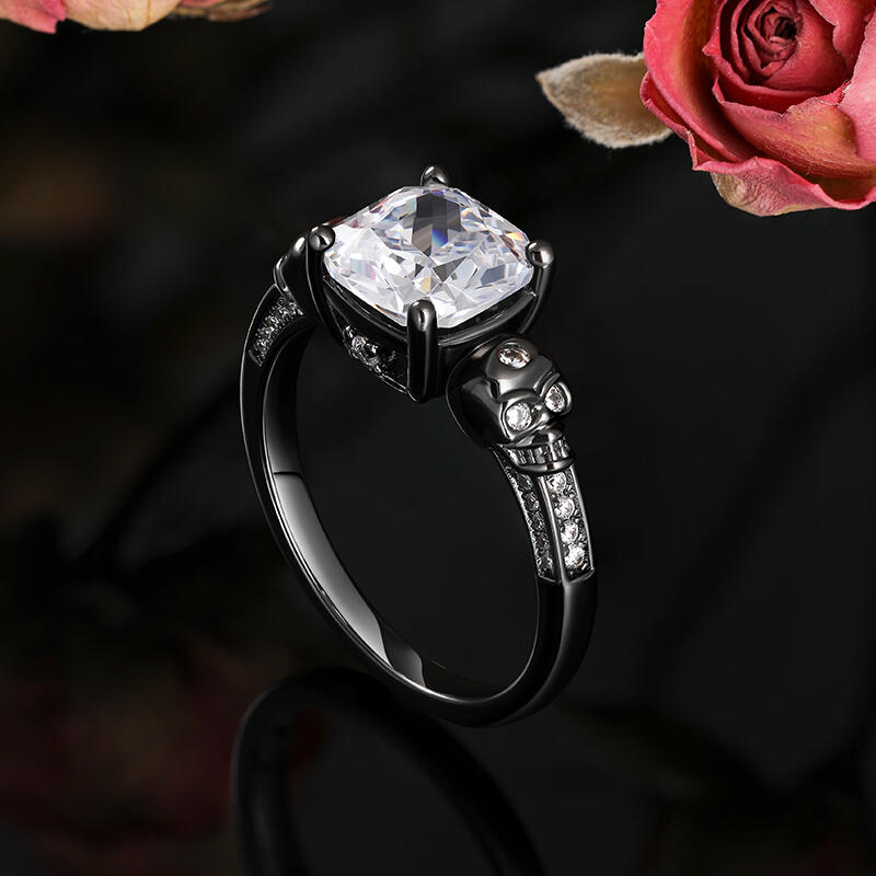 Jeulia "Eternal Love" Black Skull Cushion Cut Gothic Sterling Silver Ring