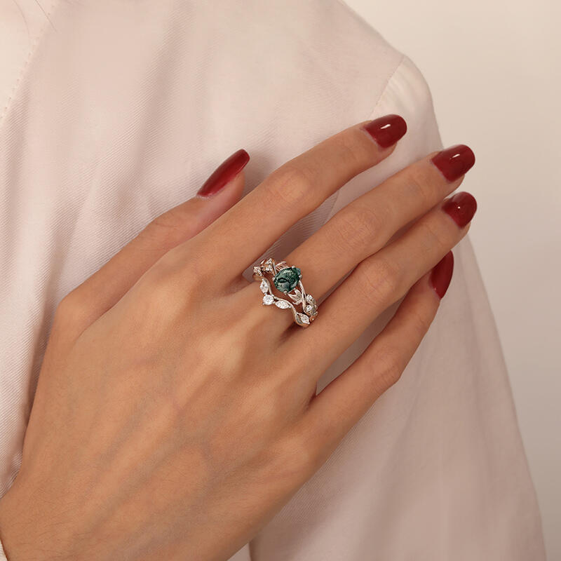 Jeulia Verflochtenes Blatt Birnenförmiger Moosachat Ringset