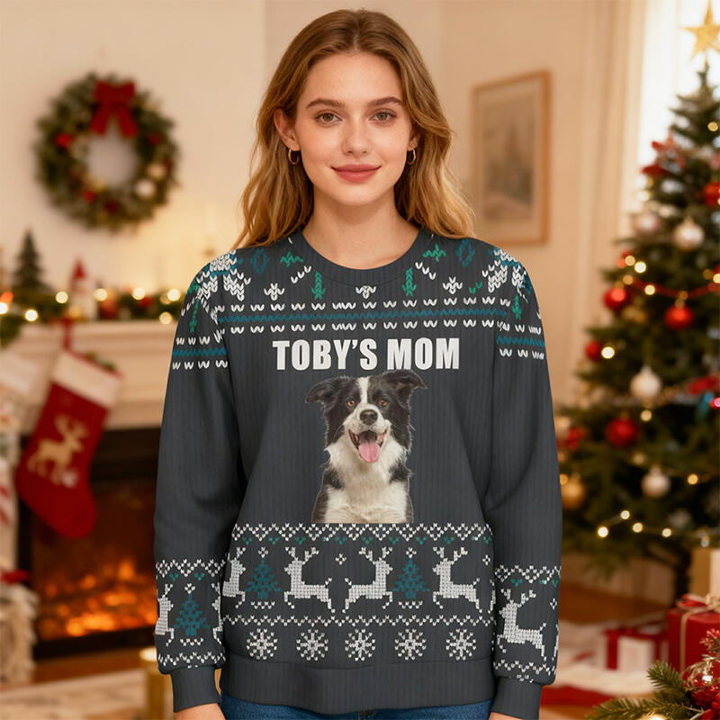 Personalized Ugly Sweater Unisex Pet's Mom Custom Photo Gray Style Design Christmas Gift for Pet Lovers