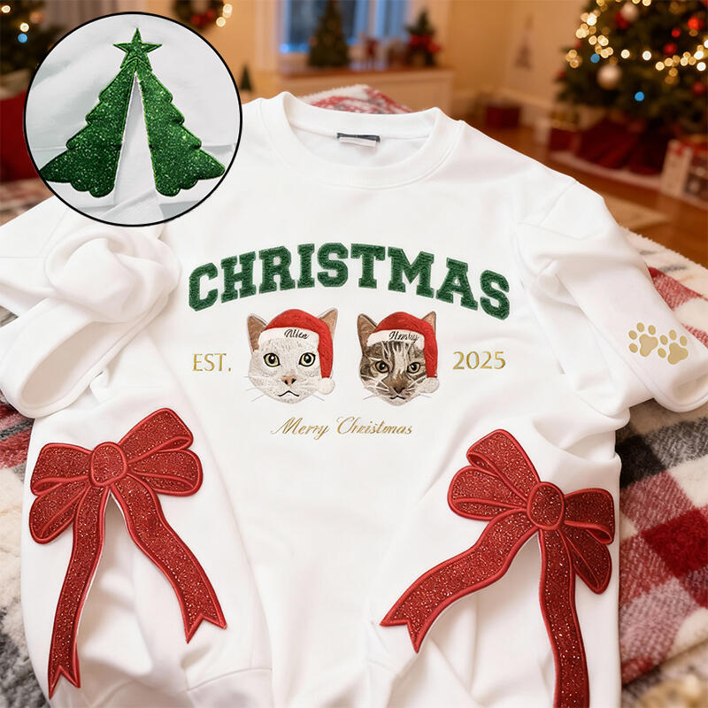 Personlig tröja med broderat foto glitterrosett på sidan och julgranmotiv kreativ present till djurälskare