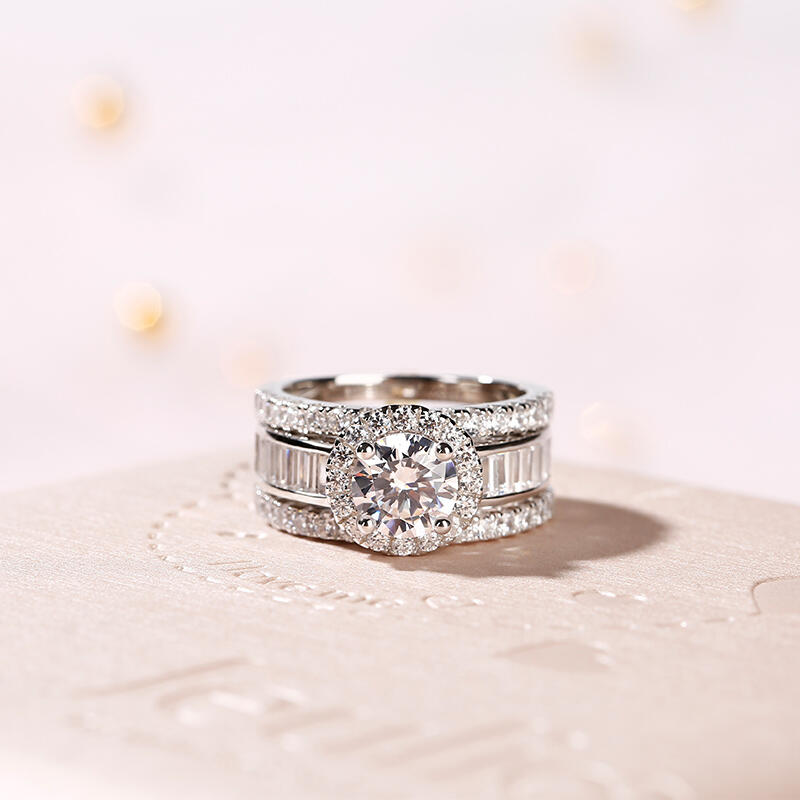 Jeulia 3PC Halo Round Cut Sterling Silver Ring Set