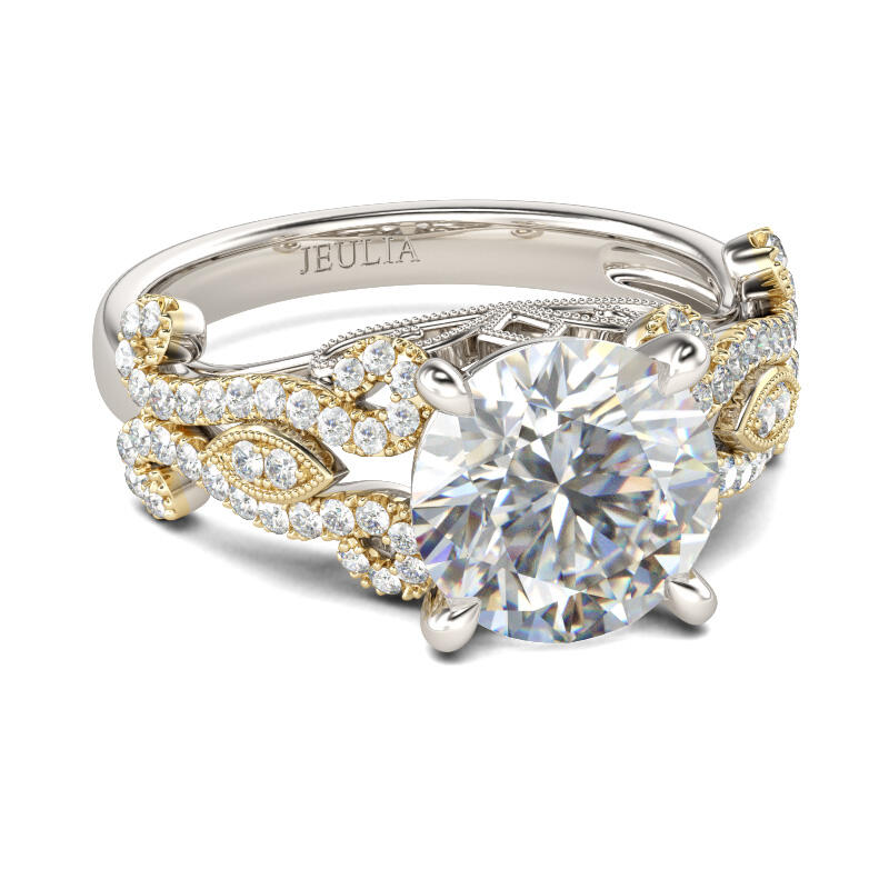 Jeulia Two Tone Vintage Scrollwork Round Cut Sterling Silver Ring