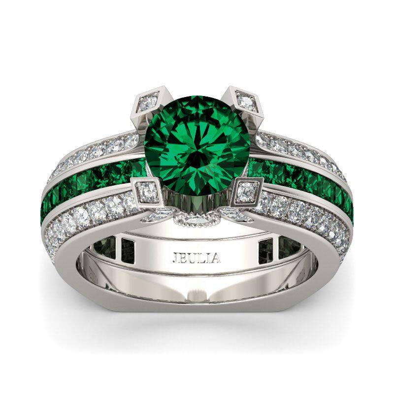 Jeulia Interchangeable Round Cut Created Emerald Ring Set