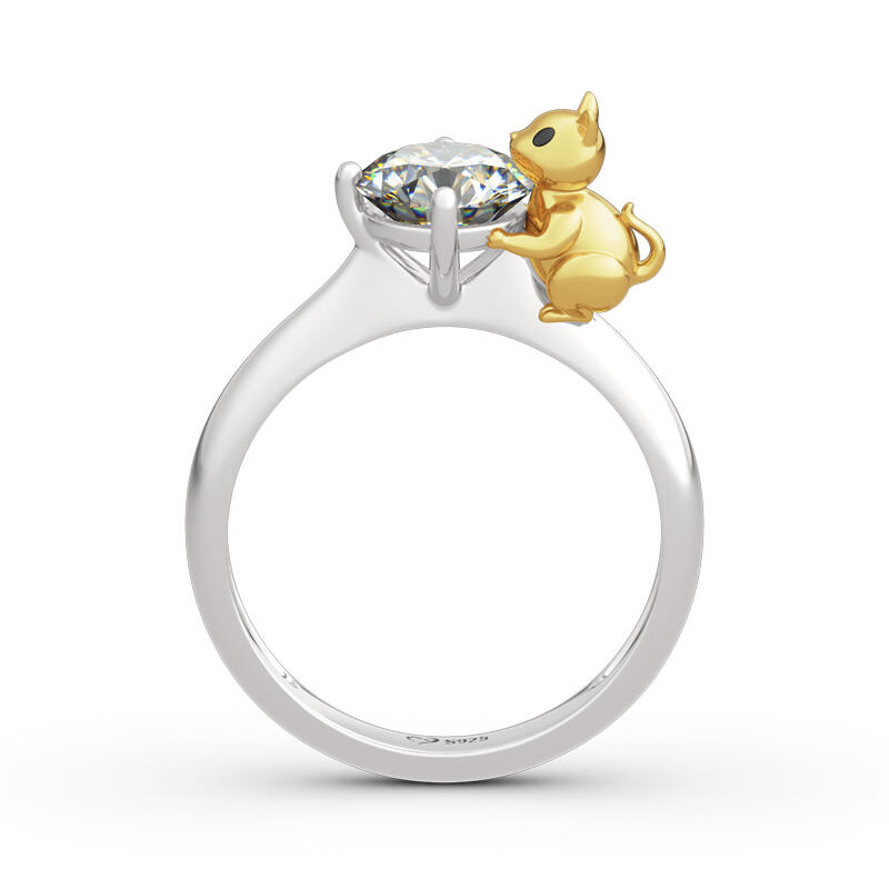 Jeulia Hug Me "Play with Me" Cat Round Cut Sterling Silver Ring