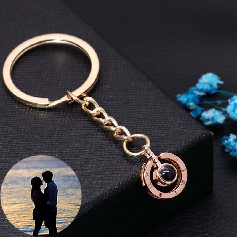 Personalized Photo Projection Keychain-Round Shape With Roman Numerals