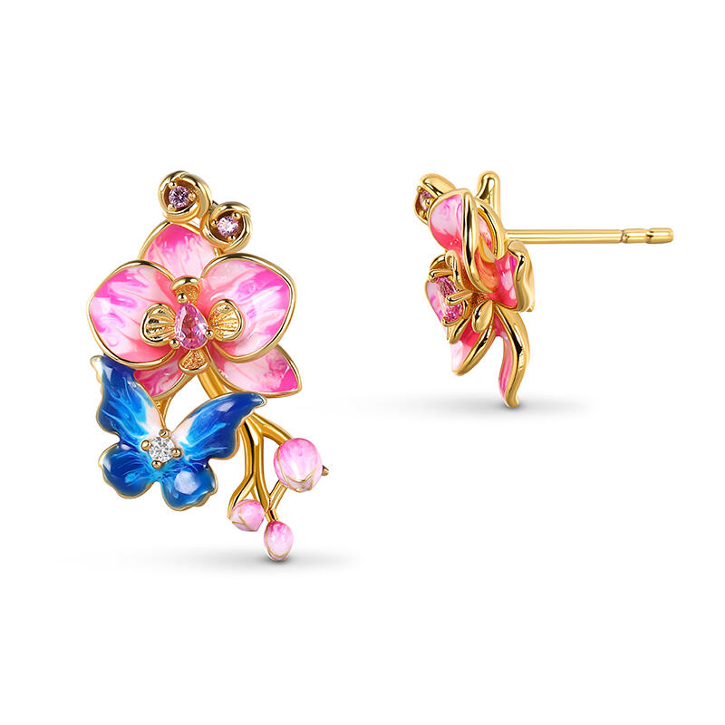 Jeulia バタフライ フラワー 蝶 花 エナメル シルバー スタッド ピアス