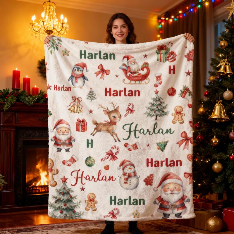 Manta con nombre personalizado y estampado de Papá Noel, regalo creativo para Navidad.