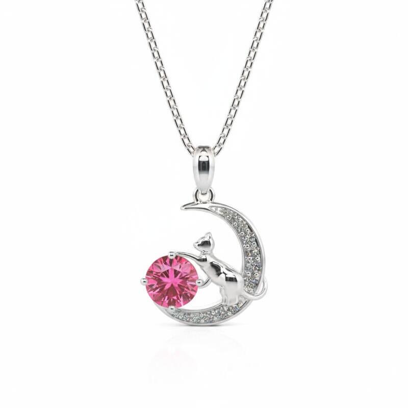 Jeulia "Cat on the Moon" Custom Birthstone Necklace Sterling Silver