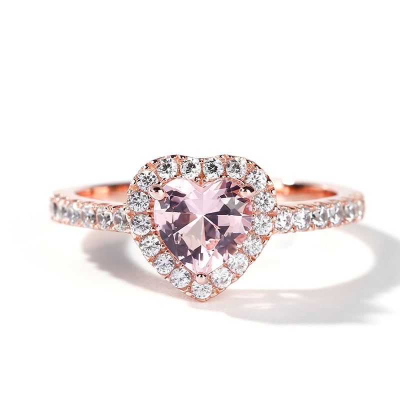 Halo Heart Cut Morganite Engagement Rings in Rose Gold Sterling Silver