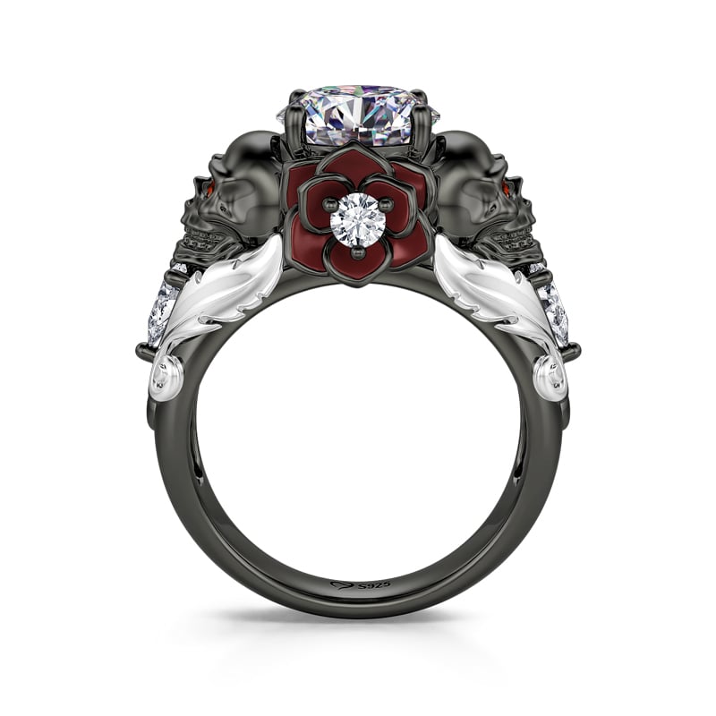 Gothic Skull Design Round Cut Rose Engagement Ring in Sterling Silver "Romantic Death"