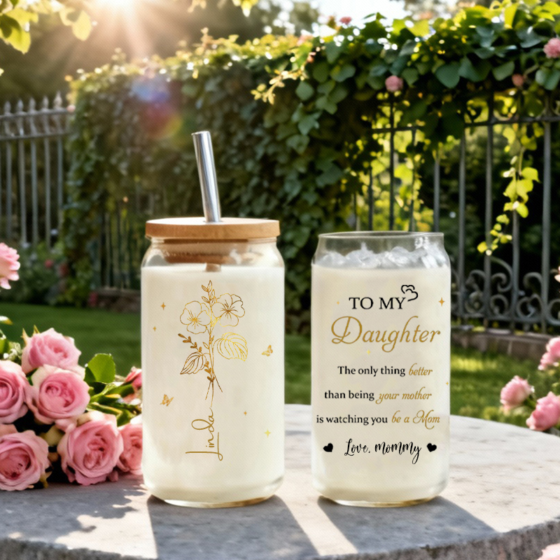 Personalized Name Glass Cup with Lid And Straw And Custom Birthflower Beautiful Present for Daughter