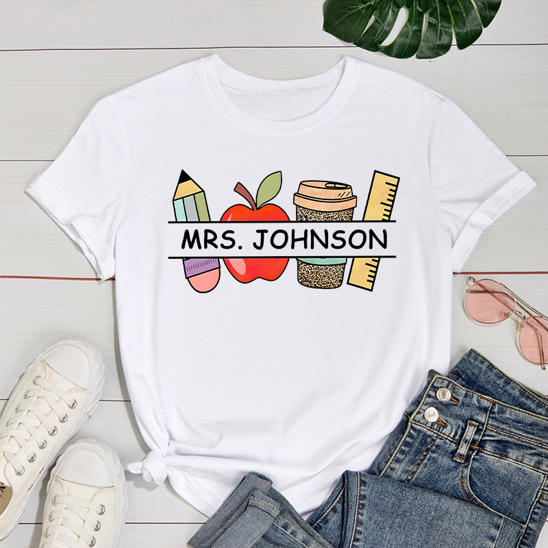 Personalized T-shirt Pencil Apple Coffee Rule Pattern Design Perfect Gift for Teachers