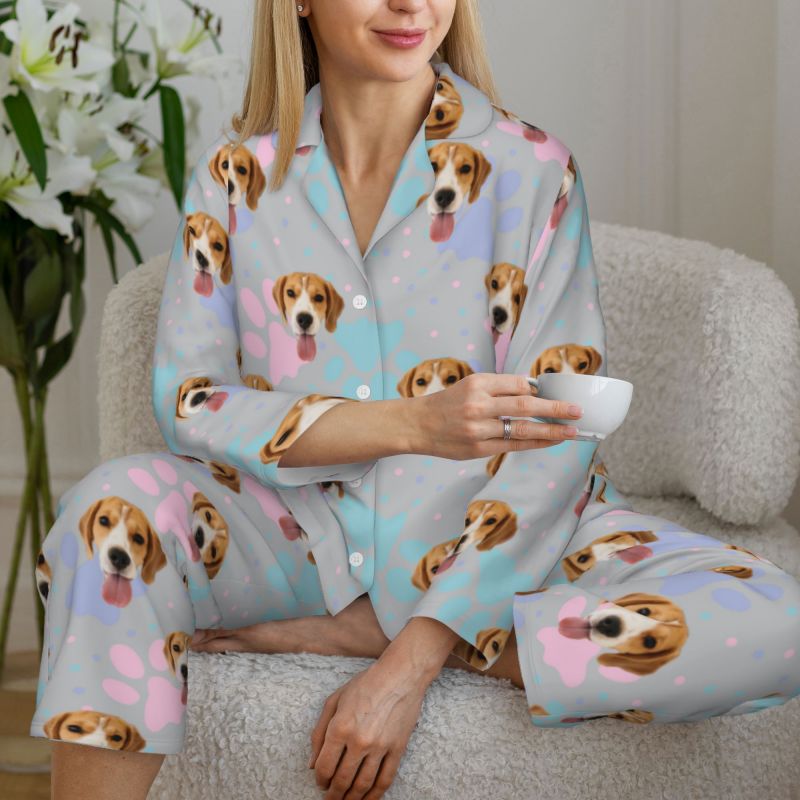 Pijama personalizado con foto de mascota personalizada, diseño de huellas de patas de colores y puntos, regalo creativo para amantes de las mascotas