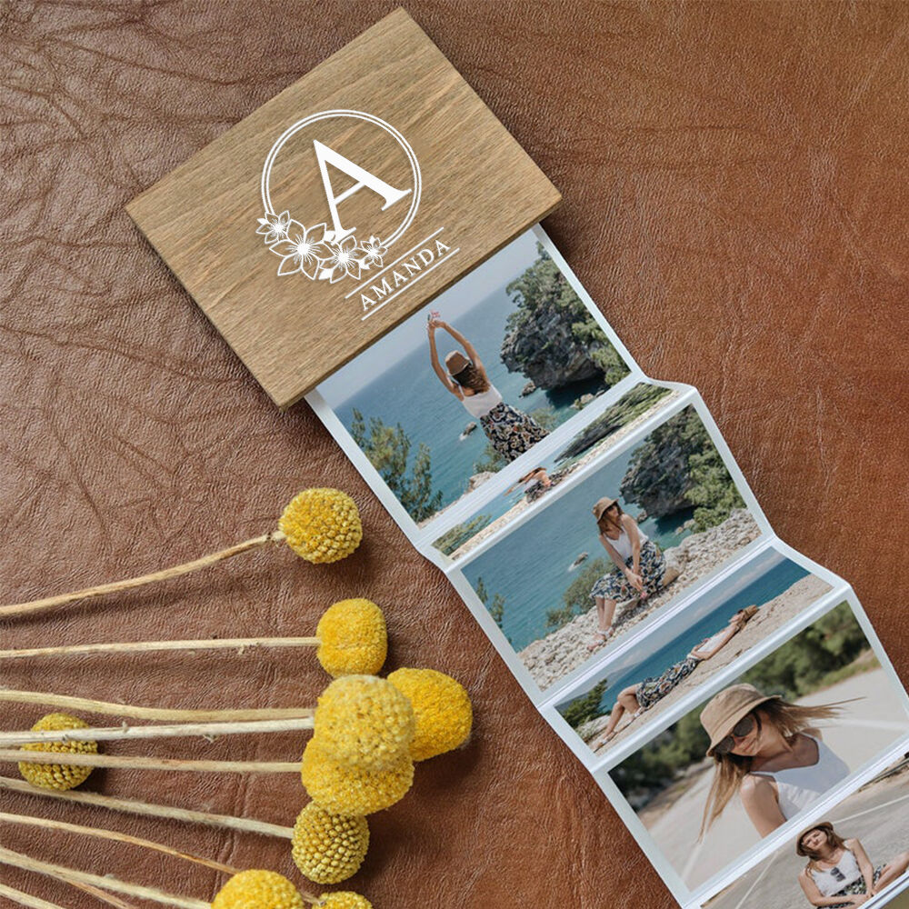 オーダーメイド イニシャル ネーム入り 引き出し式 フォトアルバム 木製 誕生日 友達 ギフト