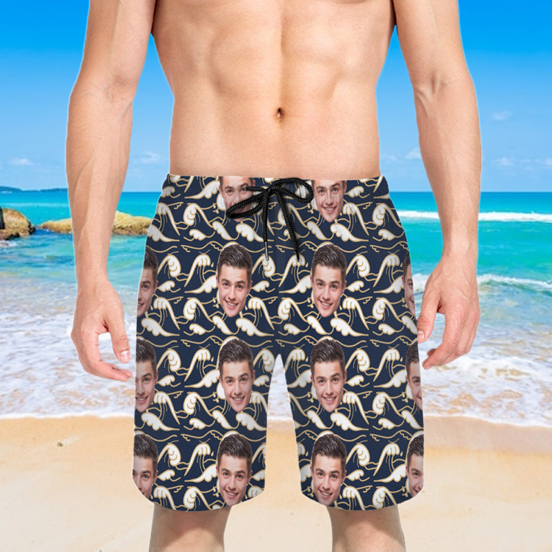 Personalized Picture Men's Beach Shorts with Waves Pattern Simple Gift for Family