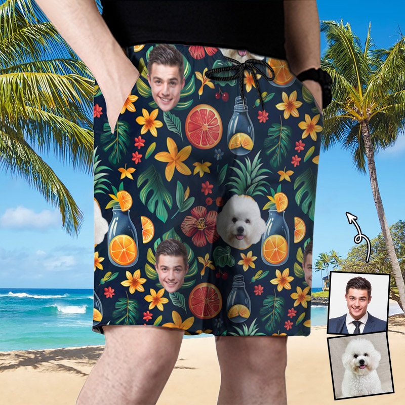 Gepersonaliseerde strandshort voor heren met schattig oranje patroon grappig cadeau voor broer