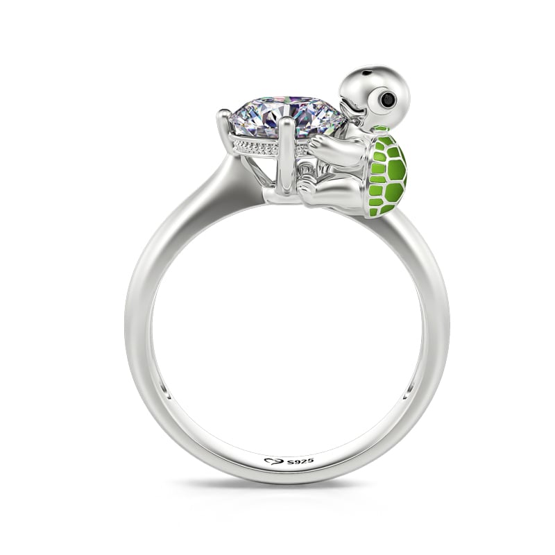 Silver Tortoise Design Engagement Rings in Round Cut Sterling Silver - Hug Me "Slowest Chase"