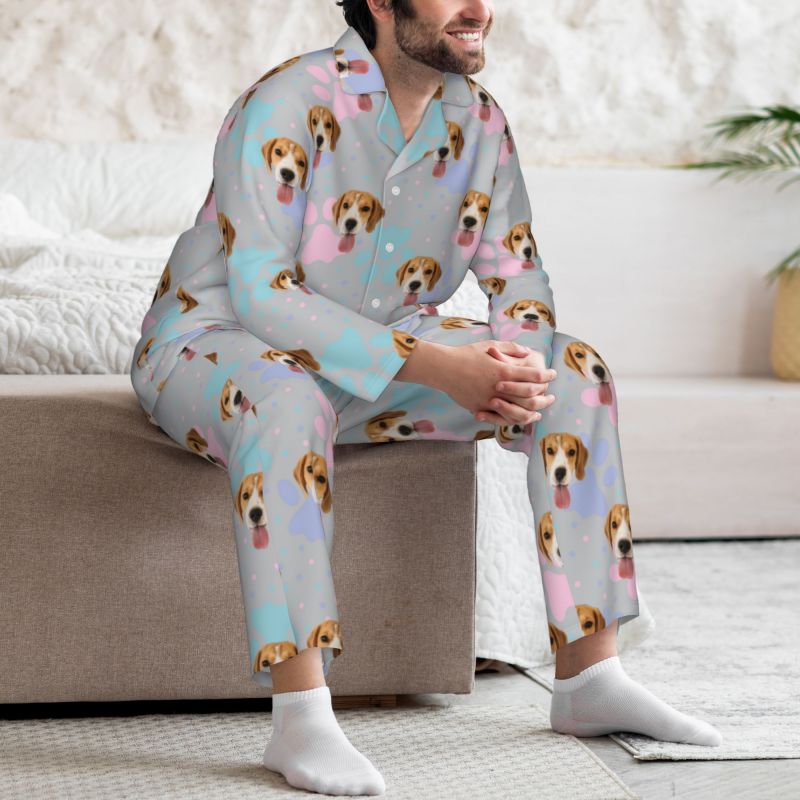 Pijama personalizado con foto de mascota personalizada, diseño de huellas de patas de colores y puntos, regalo creativo para amantes de las mascotas