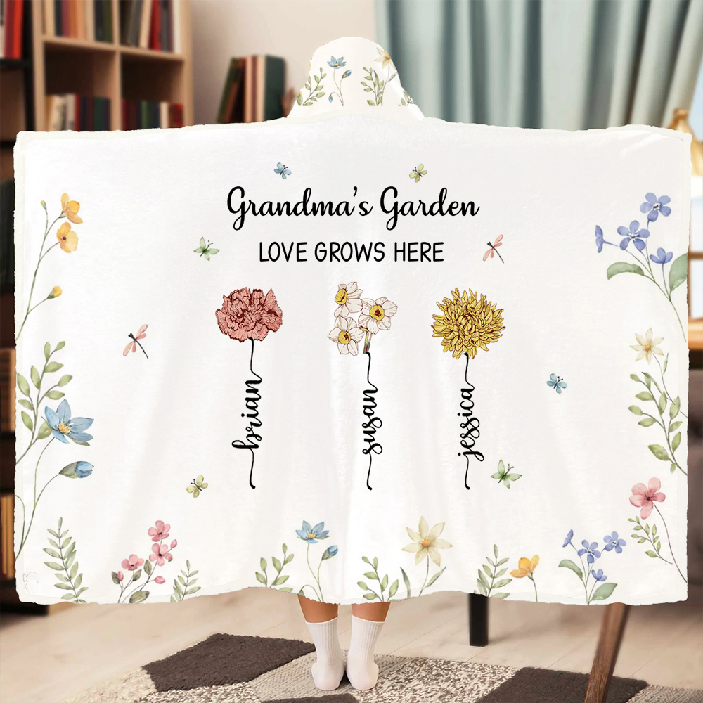 Personalized Birthflower Wearable Blanket Hoodie with Custom Name Best Mother's Day Gift
