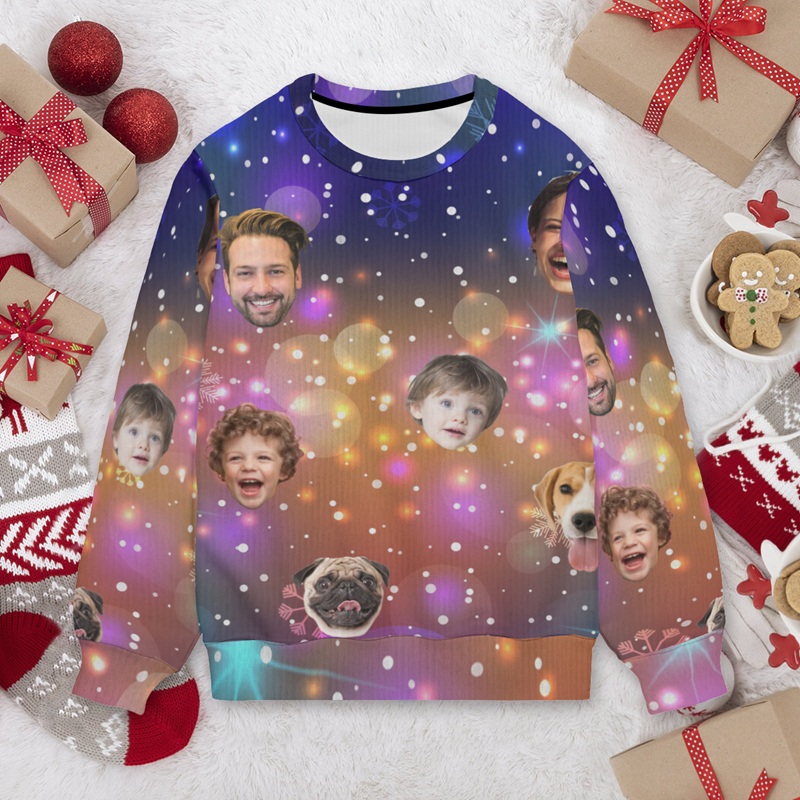 Personalized Ugly Sweater Unisex Custom Face Photo Dreamy Lights Design Perfect Christmas Gift for Family