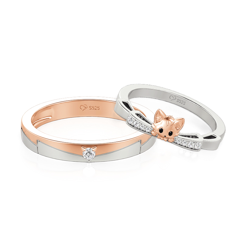 Jeulia Two Tone Cat Matching Couple Ring Set Sterling Silver