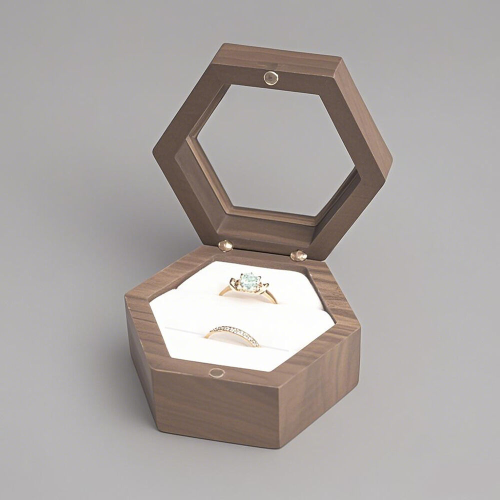 Personalized Walnut Ring Box Hexagonal Acrylic Window Vintage Jewelry Box for Marriage Proposal