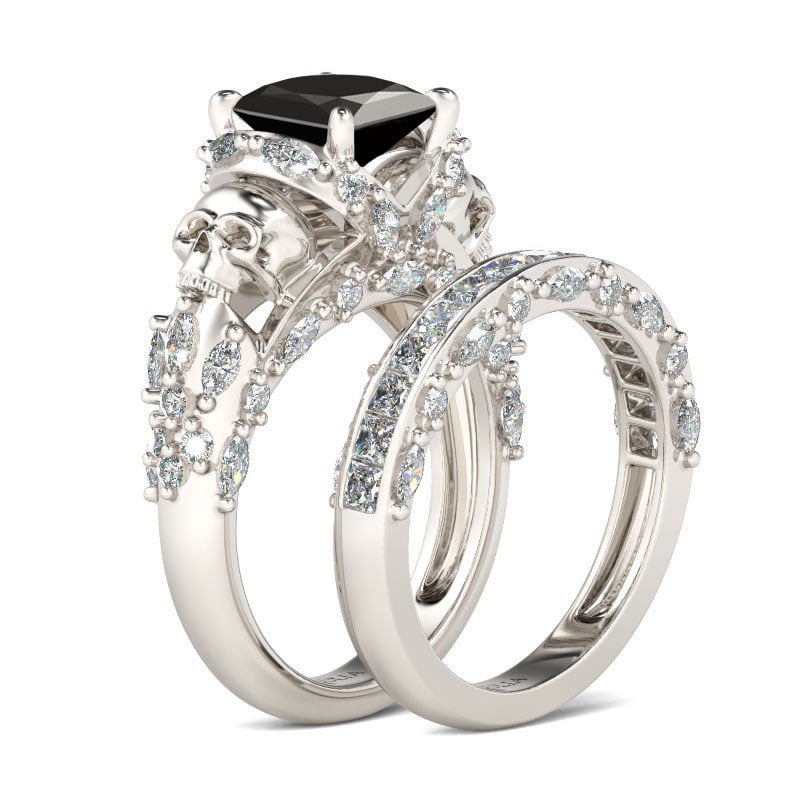 Princess Cut Black Stone Skull Engagement Rings in Sterling Silver