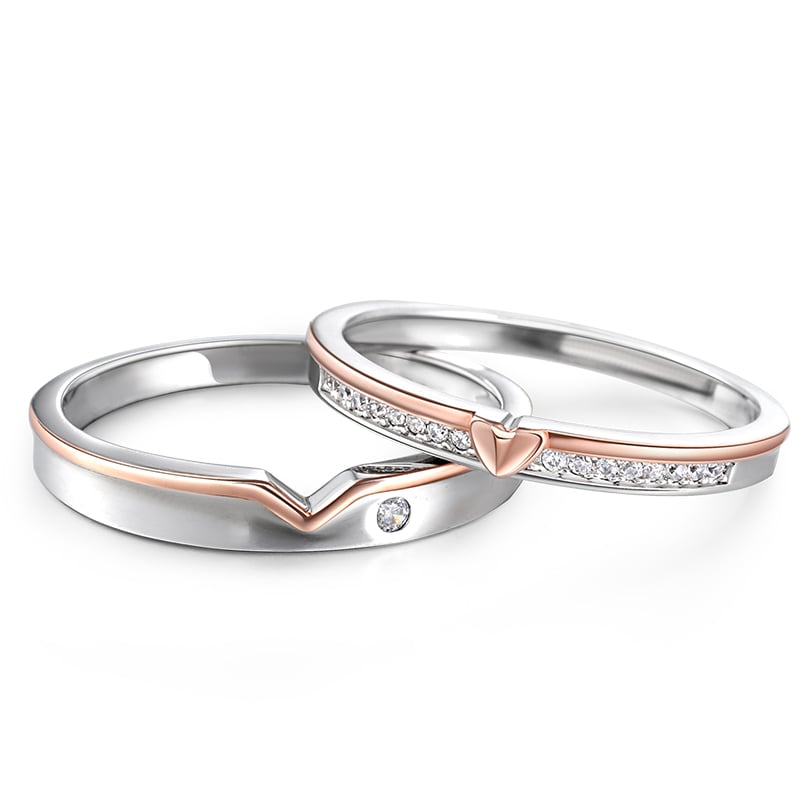 Two Tone Heart Sterling Silver Promise Rings For Couples Classic Rose Gold Wedding Band
