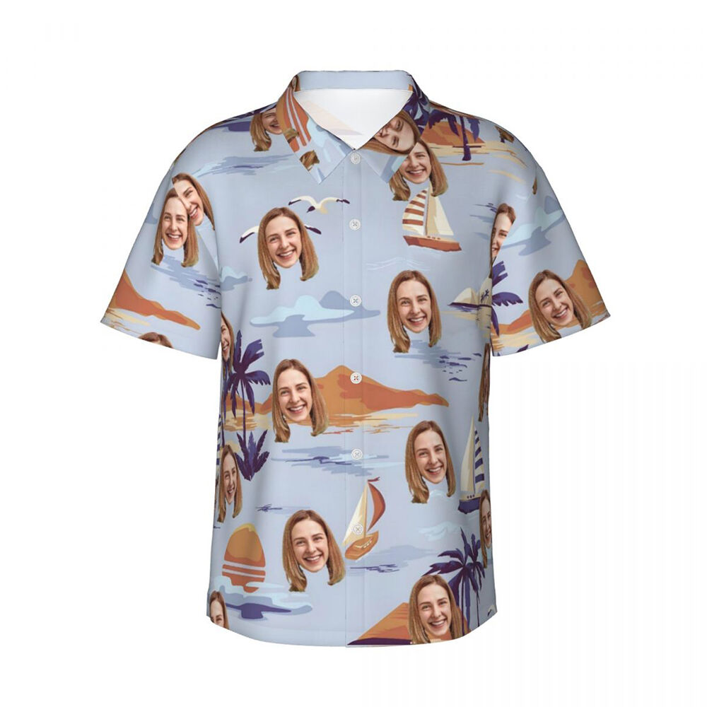 Personalized Hawaiian Shirt with Sea Sailing Print Custom Photo Vacation Gift for Couples