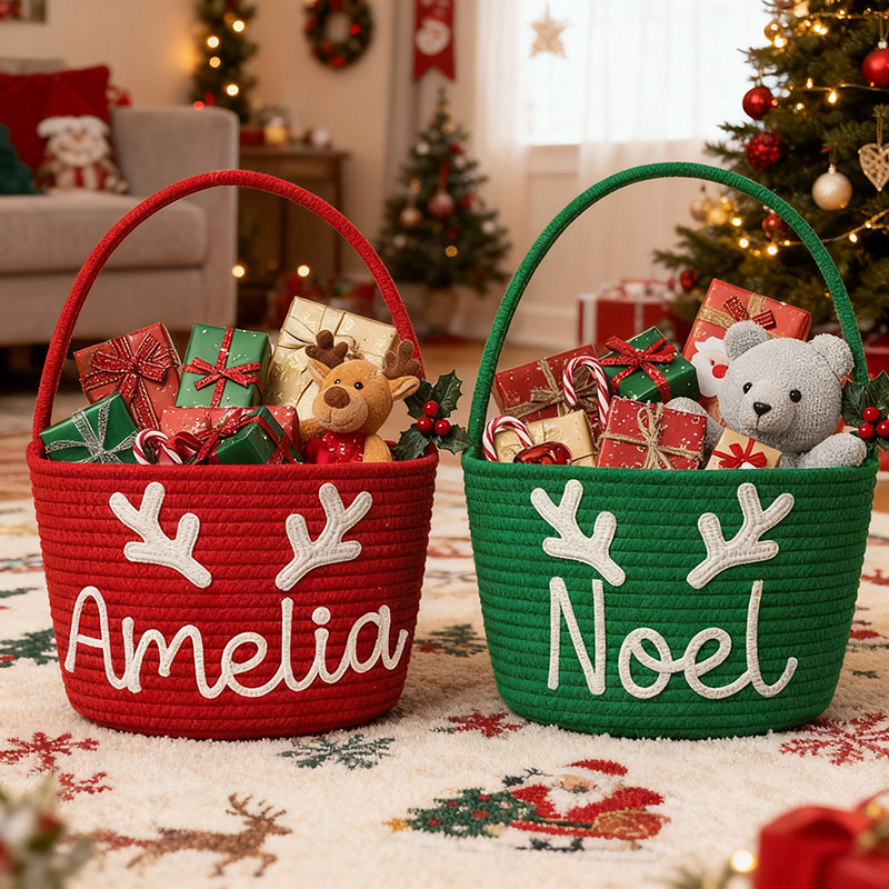 Personalised Name Christmas Gift Bag Storage Basket Simple Present for Kids