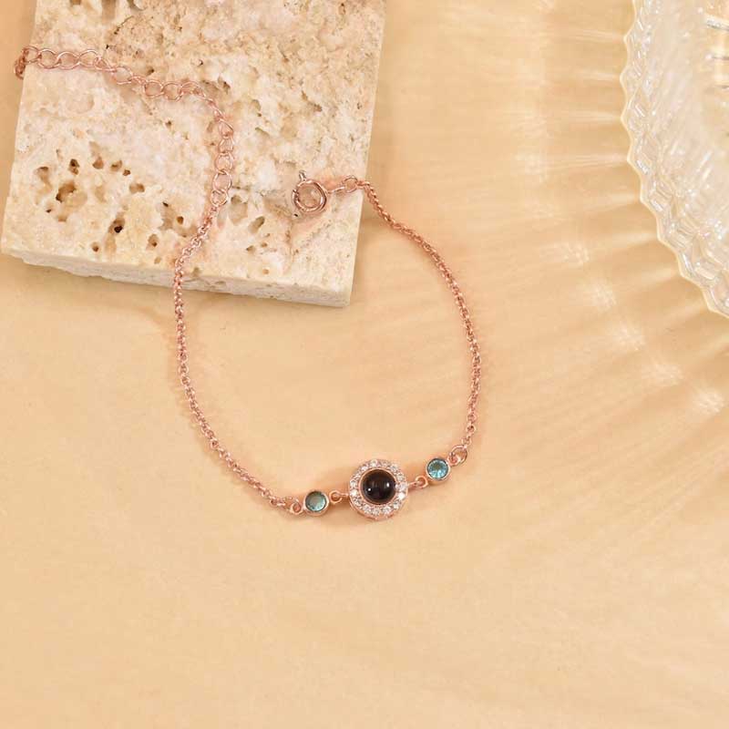 Personalized Projection Photo Bracelet Round Pendant With Diamonds And Birthstone Christmas Gift