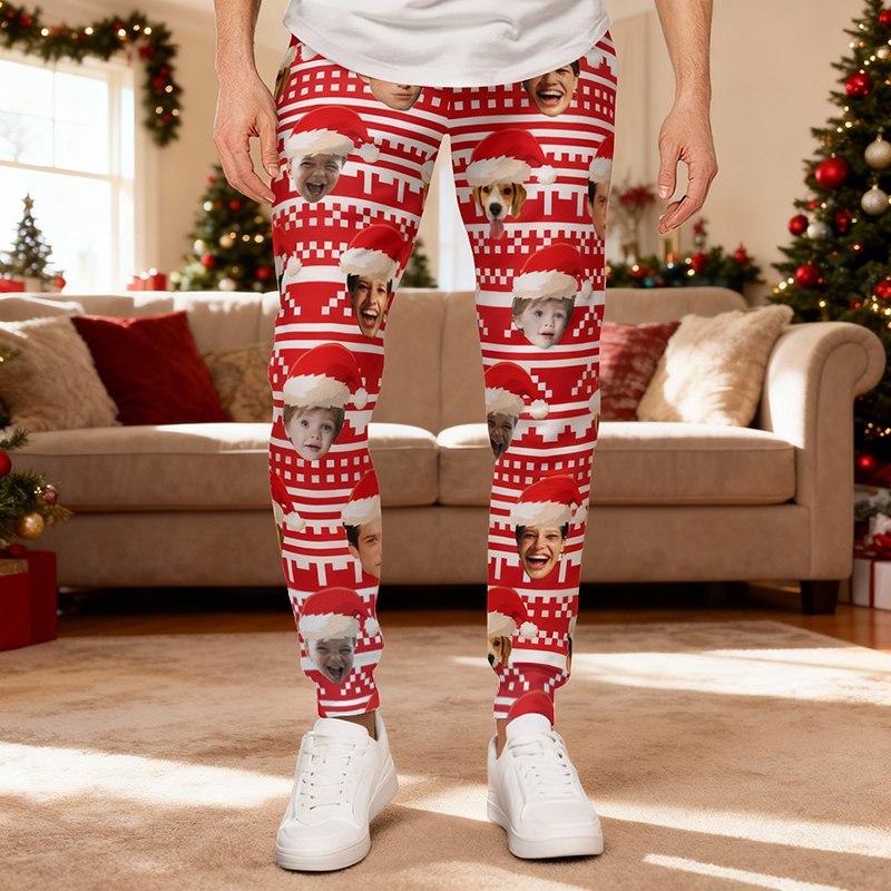 Personalized Unisex Sweatpants Custom Photo Santa Hat Design Christmas Gift for Family