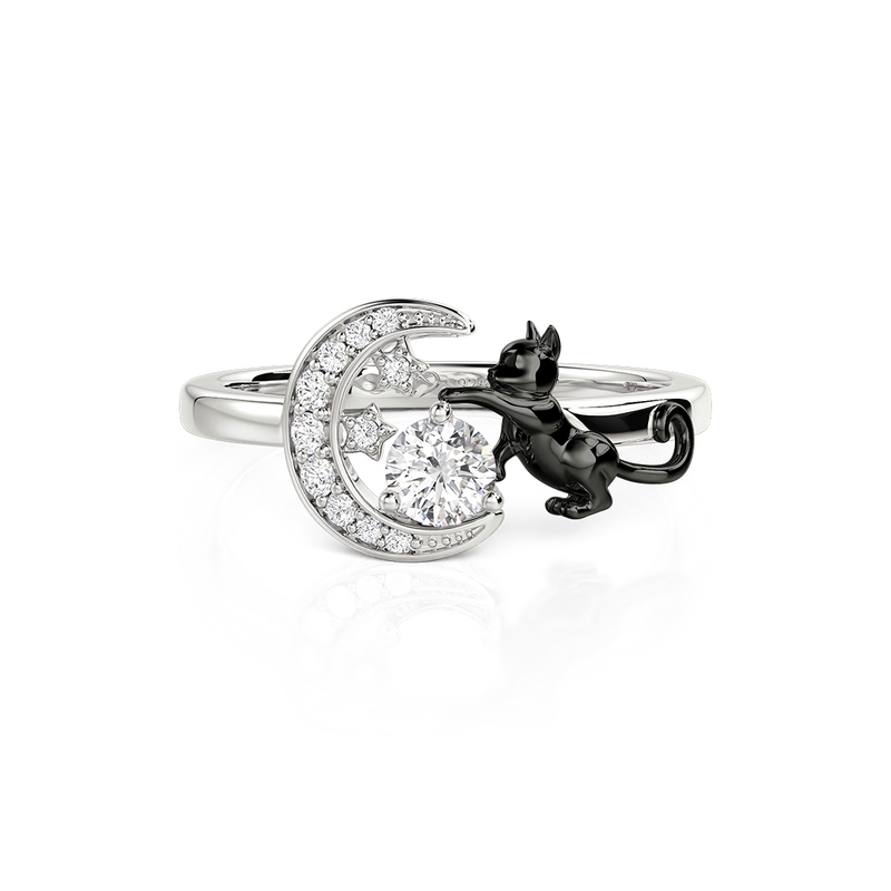 Jeulia Custom Black Cat Moon and Star Ring With Birthstone