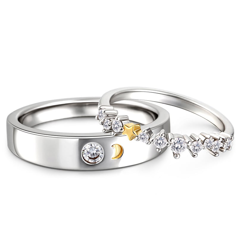 Jeulia "Always & Forever" Moon & Star Sterling Silver Couple Rings