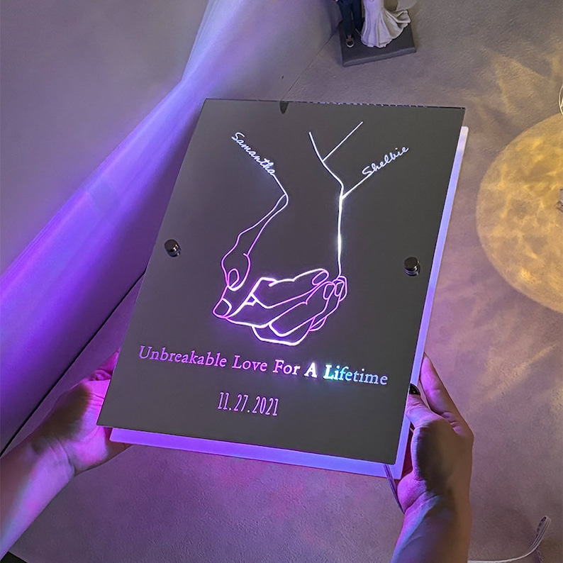 オーダーメイド ミラー 発光 ランプ カップル 名前入り ギフト 壁掛け 屋内装飾 リモコン付き