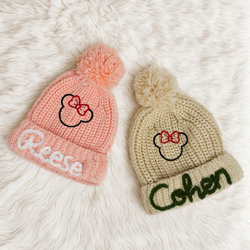Gorro de invierno para niños bordado personalizado con cabeza de dibujos animados y nombre de bebé para cumpleaños