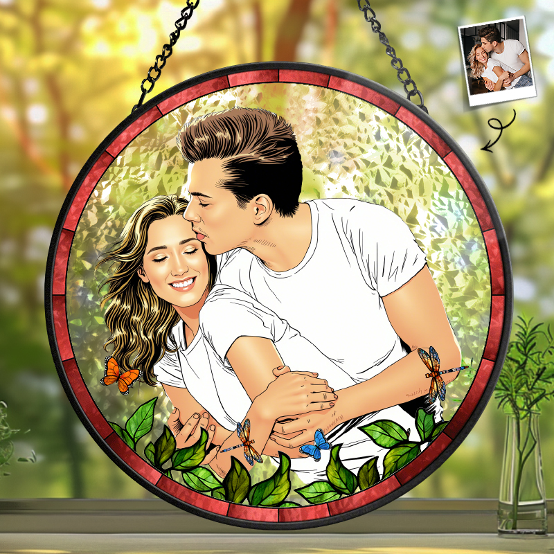 ステンドグラス 窓口 吊り飾り サンキャッチャー 漫画風 写真入り バレンタインデー ギフト カップル カスタマイズ