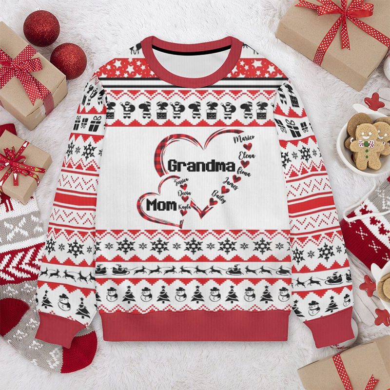 Personalized Ugly Sweater Unisex Custom Kids Name Heart Design Perfect Christmas Gift for Mom and Grandma