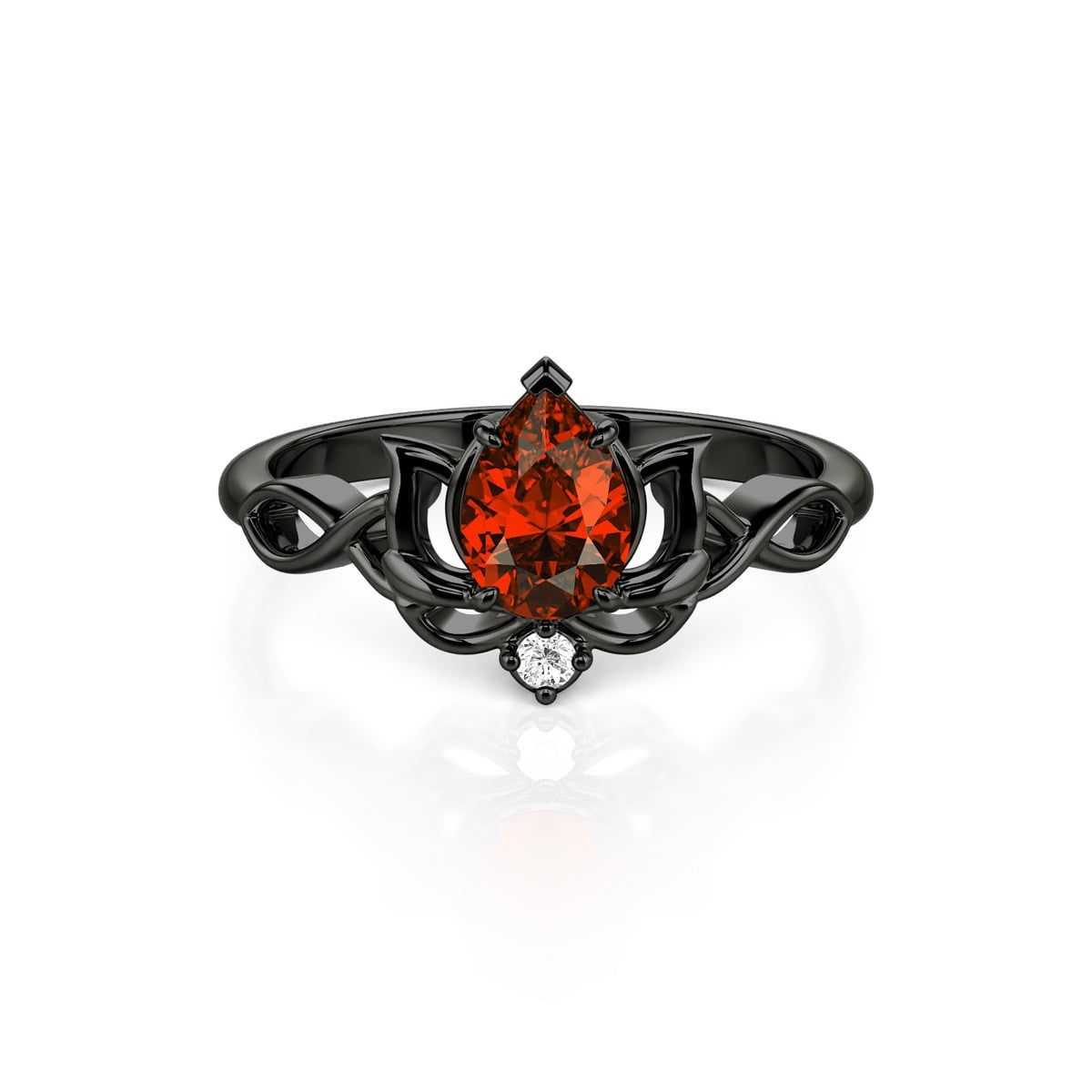 Jeulia Gothic Black Twist Lotus Ring with Red Teardrop Stone